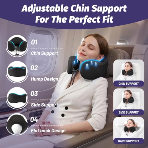 Travel Neck Pillow, Ergonomic Memory Foam Reading Pillow for Ncek Support Travel Sleeping, Airplane Pillow for Long Flight woth Soft Massage Granules & Fold- Black - view 3