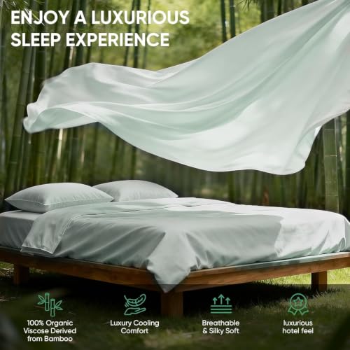 Real 100% Viscose Derived from Bamboo Sheets Set King Size, Cooling & Silky Soft for Hot Sleeper, Breathable & Moisture Wicking Fabric, 18" Deep Pocket with Corner Straps (Sea Glass, King XL) - view 5