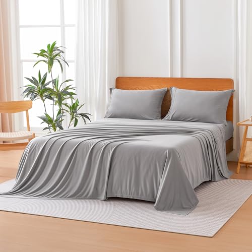 Jersey Knit 4-Piece Sheet Set, Wrinkle Free and Easy Fit, Includes 16" Deep Pocket Fitted Sheet, 1 Flat Sheet and 2 Pillowcases, Queen, Gray