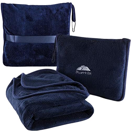 Premium Soft Travel Blanket Pillow Airplane Compact - Navy Blue