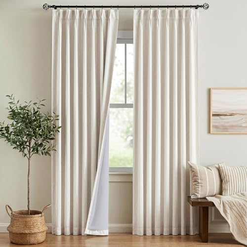 Pleated 100% Blackout Linen Curtains for Bedroom Living Room, Memory Trained Thermal Insulated Room Darkening Window Pleat Drapes with Hooks, 2 Panels (Natural, 40" W x 102" L (Pack of 2))