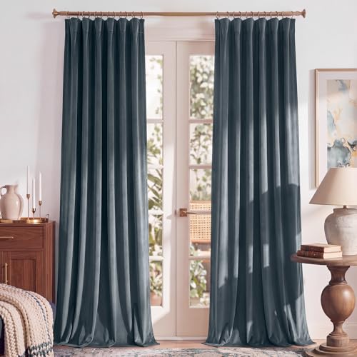 Dusty Blue Velvet Blackout Curtains 84 inches Long for Bedroom