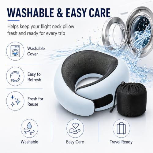 Travel Pillow, Memory Foam Neck Pillow for Airplanes, Washable Cover & Bag, Baby Blue - view 3