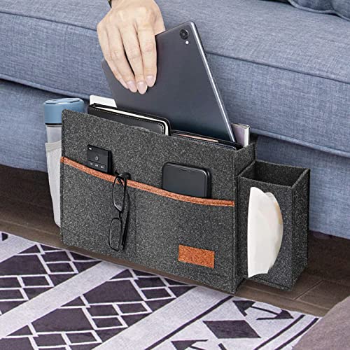 Bedside Storage Organizer, Stain Resistant, 7 Pockets with Tissue Box & Bottle Holder for Remotes Phone Magazine Ipad, Bedside Caddy for Dorm Sofa Desk Felt Bedside Pocket (13.8 * 11.4 In) - view 5