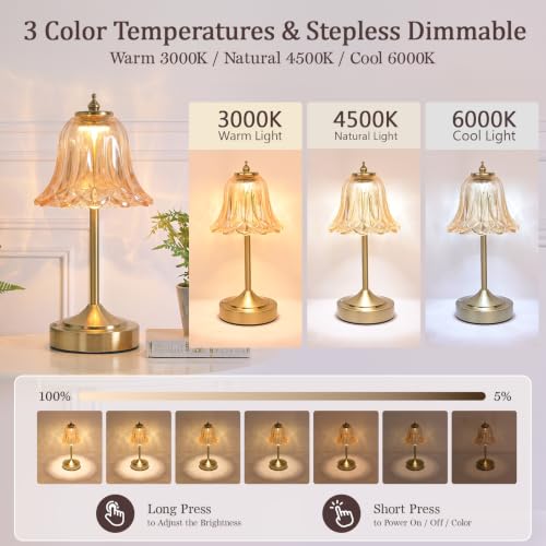 Cordless Table Lamp, Rechargeable Amber Glass Tulip Flower Touch Lamp - view 3