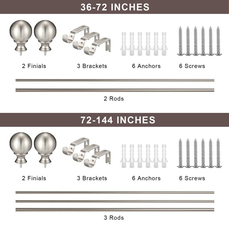 Brushed Nickel Curtain Rods for Window 36 to 72 Inch, Adjustable 1-Inch Thicken Single Drapery Rods, Telescoping, Decorative Round Finial - view 6