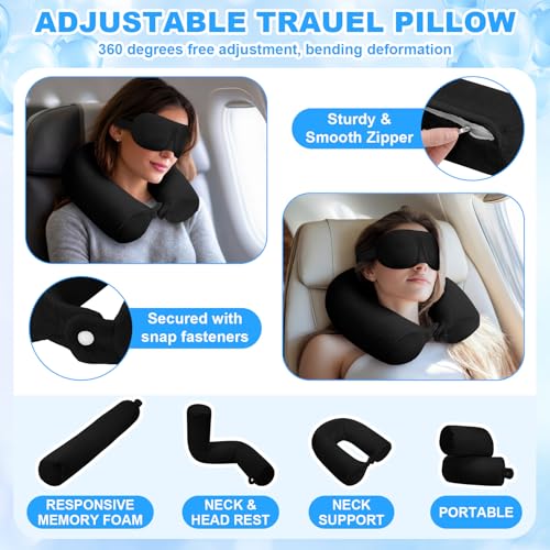 4 Pcs Travel Comfort Kit with Memory Foam Travel Pillow Airplane Footrest Hammock 3D Contoured Eye Mask Compression Socks Neck Pillow for Car Flight Sleeping Support (Black) - view 3