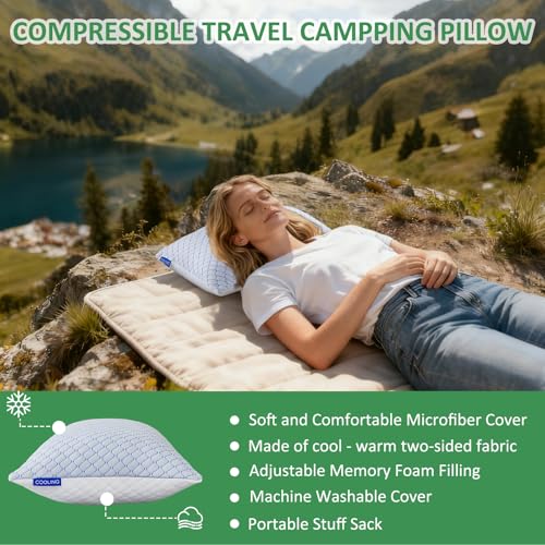 Travel Pillow - Large 2 Pack Compressible Camping Pillow for Sleeping - Shredded Memory Foam with 2 Storage Bags - Supportive for Adults, Kids, Outdoor, Backpacking, Hiking Gear - view 2
