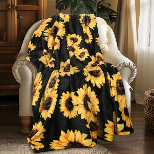 Sunflower Blankets Gifts for Women, Flannel Fleece Sunflower Gift, Floral Throw Blanket for Couch Bed Sofa, Soft Cozy Warm Lightweight Blankets for Travel Camping 260GSM (50"x60")
