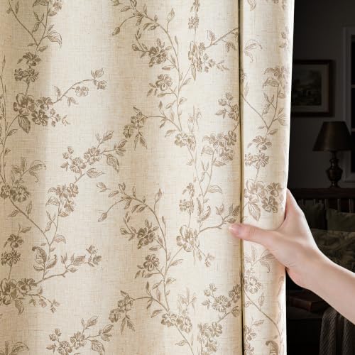 Linen Blackout Curtains Taupe Floral 84 Inch Back Tab 2 Panels