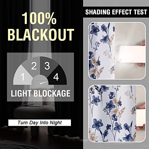 100% Blackout Curtains 63 inch Length 2 Panels Set Cattleya Floral Printed Drapes Leah Floral Thermal Curtains for Bedroom with Black Liner Sound Proof Curtains, Navy and Taupe - view 2
