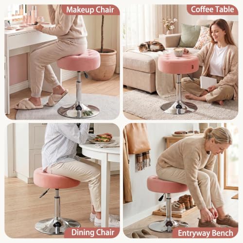 Mid-Century Velvet Tufted Makeup Ottoman Stool, 360° Swivel Adjustable Vanity Stool Modern Big Size Vanity Chair Stools for Living Room Bedroom Bathroom, Pink - view 4