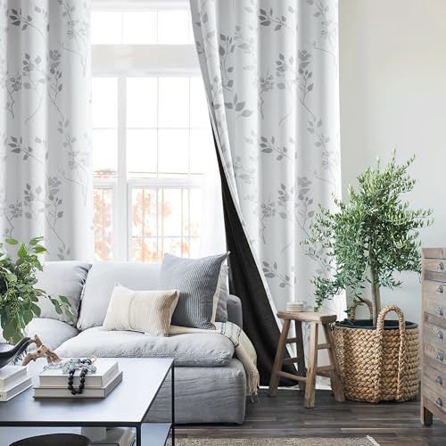Floral 100% Blackout Curtains for Bedroom Grey White 52X84 2 Panels - view 5