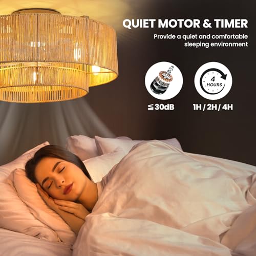 Boho Ceiling Fans with Lights: 20 inch Fandelier Low Profile Ceiling Fans with Remote Control, 5 Blades 6 Speeds DC Reversible E12 5 Light Flush Mount Rattan Ceiling Light Fixtures for Bedroom - view 4