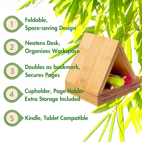 Bamboo Triangle Book Rest - Foldable Desk Stand, Book Nook Reading Valet, Gift for Readers with Free Page Holder, No Assembly Required (Natural) - view 2
