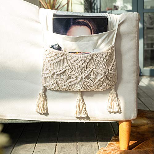Macrame Armchair Caddy, Boho Couch Armrest Organizer, 4 Pockets Beige