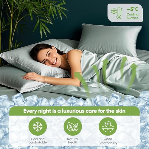 Real 100% Viscose Derived from Bamboo Sheets Set King Size, Cooling & Silky Soft for Hot Sleeper, Luxury with Breathable & Moisture Wicking Fabric, 18" Deep Pocket with Corner Straps (Sea Glass, King) - view 3