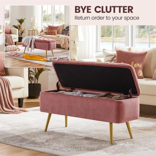 Storage Ottoman Bench for Bedroom, Velvet End of Bed Bench, Pink - view 4
