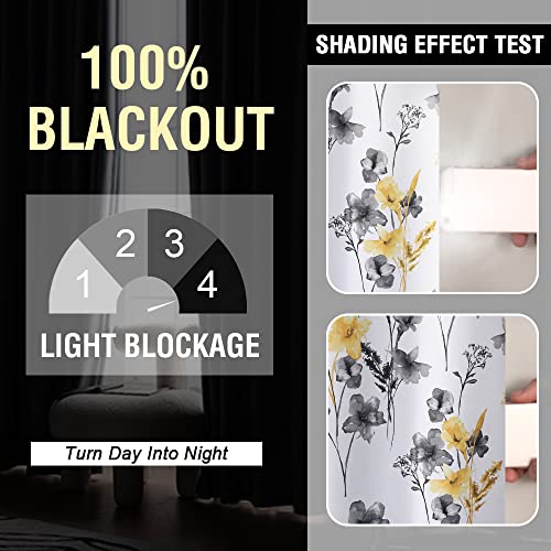 100% Blackout Curtains 84 inch Length 2 Panels Set Cattleya Floral Printed Drapes Leah Floral Thermal Curtains for Bedroom with Black Liner Sound Proof Curtains, Grey and Yellow - view 2