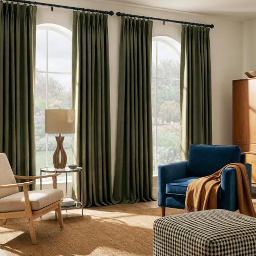 Vintage Olive Dark Green Pinch Pleated Linen Curtains 90 inch Long - view 2