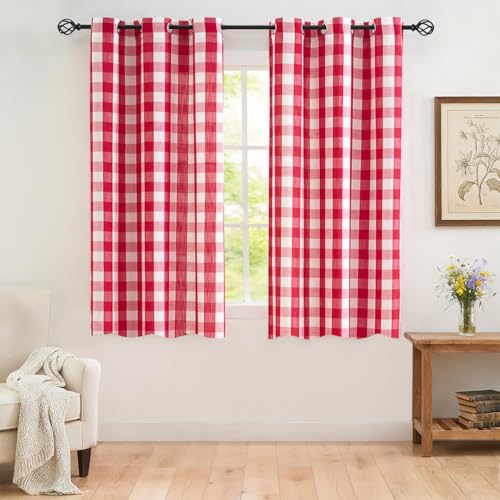 Red White Buffalo Check Semi Sheer Curtain Panels Gingham Plaid Textured Curtains Drapery,Farmhouse Grommet Window Drapes for Small Window,2 Panels,40"x54"