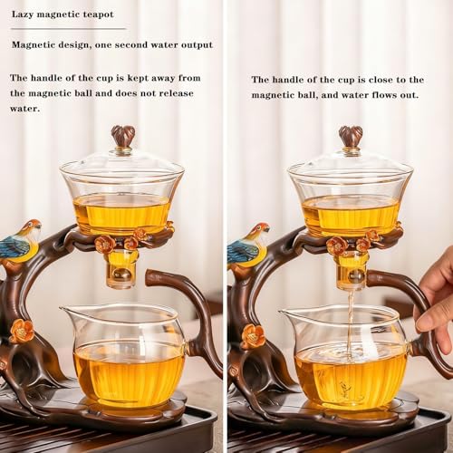 Lazy Kungfu Glass Tea Set Heat Resistant Semi Automatic Drip Rotating with Infuser Magnetic Teapot Set for Gongfu Tea Making Ideal (Bird) - view 3