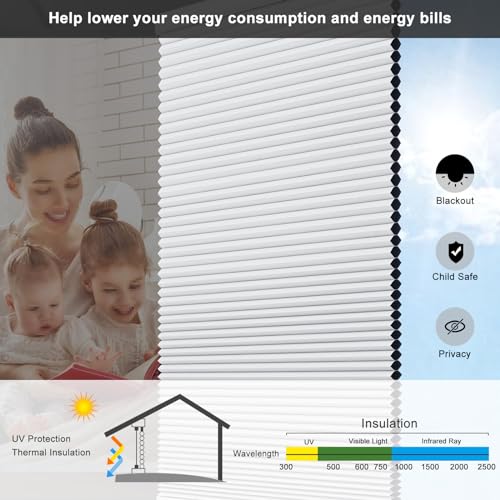 Custom Size Blinds Cellular Shades Cordless for Indoor Windows, Customizable Honeycomb Blind Thermal Insulated Easy Install for Bedroom, Bathroom, Nursey, Blackout White - view 2