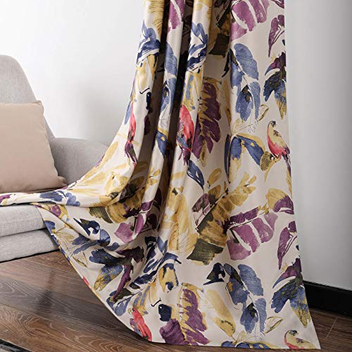 Blackout Curtains for Sliding Door, Abstract Print Plant Pattern Grommet Full Room Darkening Linen Window Drapes for Studio Office, 2 Panels, Purple and Yellow, 52 x 84 - view 2
