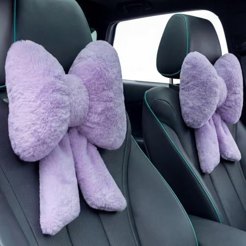 2 Pcs Purple Car Neck Pillow Bow, Plush Solid