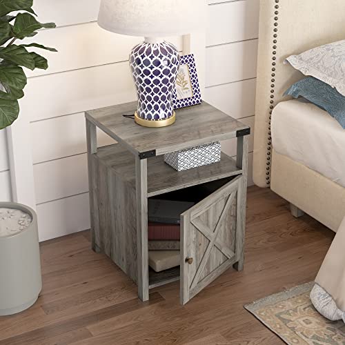 Farmhouse Nightstand with Charging Station, Rustic End Table, Grey - view 2