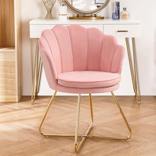 Pink Vanity Chairs, Velvet Makeup Chair for Bedroom, Home Office Desk Chair with Gold Plating Legs, Cute Accent Chair for Makeup Room, Bedroom, Living Room, Guest Reception (Velvet Pink)