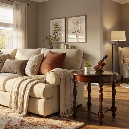 Oval Round Glass End Table, 2-Tier Solid Wood Glass Top End Side Tables, Traditional Victorian Nightstand for Bedroom Living Room Office, 28" W x 22" D x 24.2" H, Cherry Walnut CJZ-1533-GT - view 2