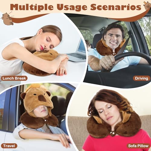 Capybara U-Shaped Travel Pillow with Hood,Neck Headrest Plush Pillow,Hooded Sleeping Supplies Neck Chin Support Stuffed Animal Pillow for Airplane Train Car Office - view 6