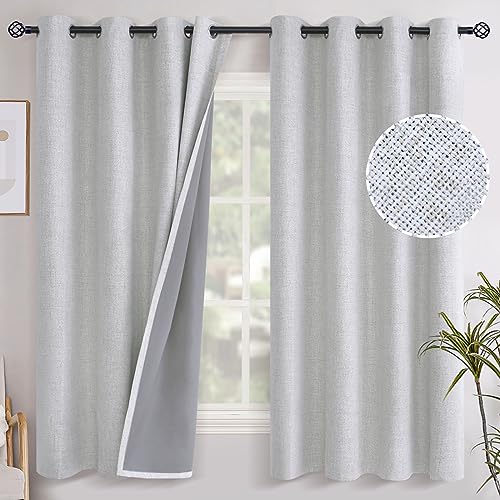 Linen Textured Blackout Curtains for Bedroom, Full Room Darkening Linen Window Curtain Drapes with Thermal Insulated Liner for Farmhouse Grommet, 2 Panels, 52 X 63 Inch, Birch