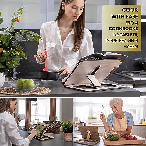 Adjustable Book Stand, Foldable Reading Stand for Bed, Cookbook and Recipe Holder for Kitchen, Tablet Stand (Walnut) - view 3