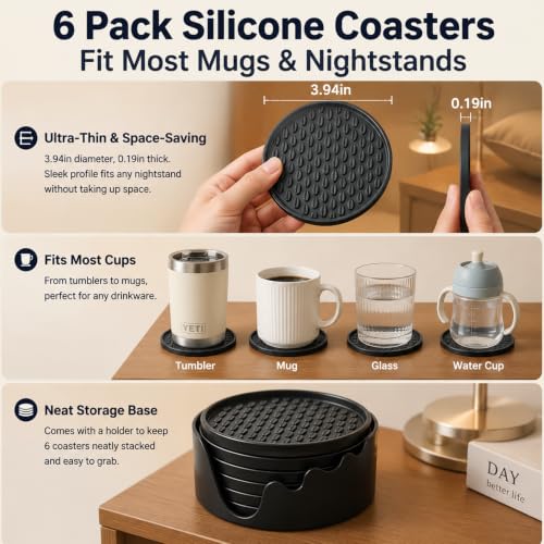 Nightstand Coaster, 6 Pack 3.94 Inch Drink Coasters with Storage Holder - view 2