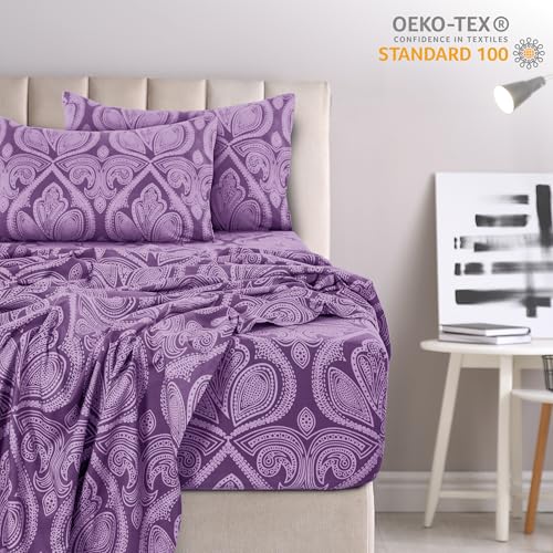 Paisley Queen Sheet Set, 4 PC Soft Microfiber Wrinkle Free Sheets - Luxurious Printed Bed Sheets Includes Flat Sheet, Fitted Sheet with Deep Pockets, & 2 Pillowcases - Purple - view 3