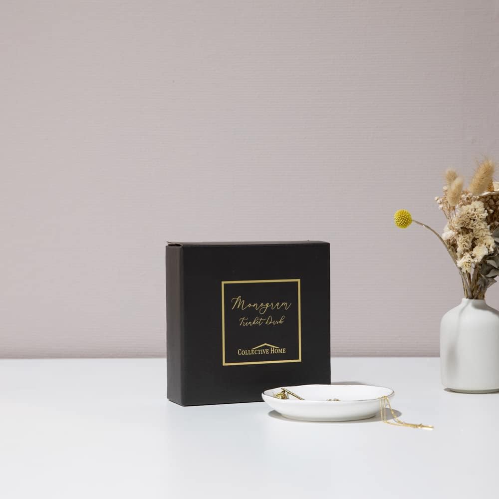 Ceramic Jewelry Tray, Trinket Dish, Gifts for Women (R) | Mother's Day, Birthday, Christmas, Engagement Gifts, Vanity, Nightstand Decor, Embossed Gold Monogram Ring Dish with Gift Box - view 7