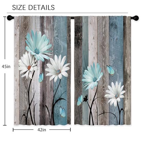 Teal Farmhouse Daisy Curtains, Wooden Flower Window Curtains 42x45 Inch for Bedroom Living Room Decor, Rustic Floral Butterfly Country Drapes Treatment Draperies Fabric Rod Pocket (2 Panels - view 2
