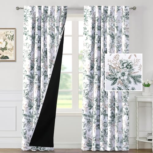 100% Blackout Window Curtain Panels Light Blocking Drapes with Black Liner Thermal Vintage Floral Draperies Back Tab/Rod Pocket Curtains for Bedroom(2 Pieces, 52 x 96 Inches, Moss/Wheat) - view 2