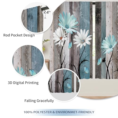 Teal Farmhouse Daisy Curtains, Wooden Flower Window Curtains 42x45 Inch for Bedroom Living Room Decor, Rustic Floral Butterfly Country Drapes Treatment Draperies Fabric Rod Pocket (2 Panels - view 5