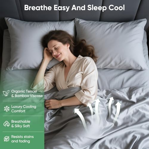 Luxury Organic Tencel & Viscose from Bamboo Cooling Sheet Set,Silky Soft Lyocell Sheets with Deep Pocket, Hypoallergenic & Breathable Bedding with Pillowcases (01-Gray, King - view 2