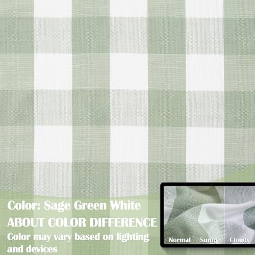 Short 63 Inch Sage Green White Buffalo Plaid Semi Sheer Curtains - view 4