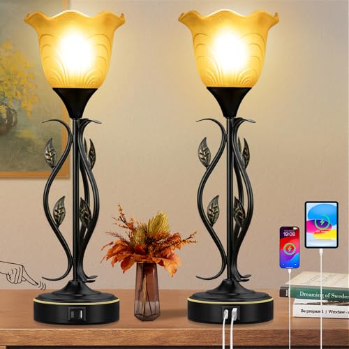 Touch Torchiere Bedside Table Lamps Set of 2 With Dual USB Output Ports