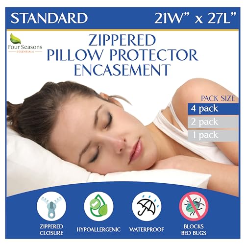Standard Pillow Protectors (Set of 4) – Hypoallergenic Pillow Cover Waterproof Dust Allergen Proof Zippered Encasement