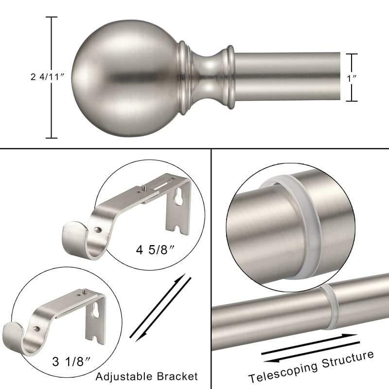 Brushed Nickel Curtain Rods for Window 36 to 72 Inch, Adjustable 1-Inch Thicken Single Drapery Rods, Telescoping, Decorative Round Finial - view 4