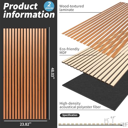 Soundproof Wood Slat Wall Panel, Thick, 2 Pack, Red Oak - view 2