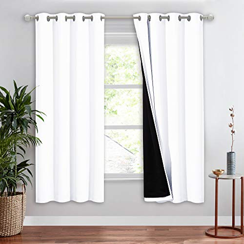 100% Blackout Cold Blocking Window Curtain Panel, Full Light Blocking Drape with Black Liner for Nursery, 72-inch Drop Thermal Insulated Drapery (White, 1 Piece, 52-inch Wide Per Panel)