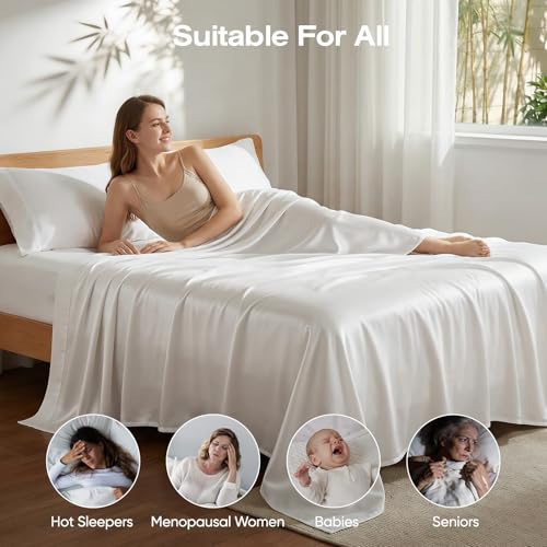 100% Real Bamboo Viscose & Lyocell Tencel Sheets Set King Size | Breathable & Cooling for Hot Sleeper | Luxury Silky Soft Fabric | 18" Deep Pocket with Corner Straps (White, King) - view 6