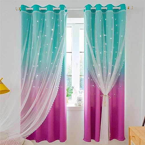 Ombre Star Cutout Blackout Curtains for Girls Bedroom Kids Nursery Living Room Decor,Double Layer with Sheer Overlay Window Drapes Princess Teal Purple Gradient,52 x 63 inch Length 2 Panels Set